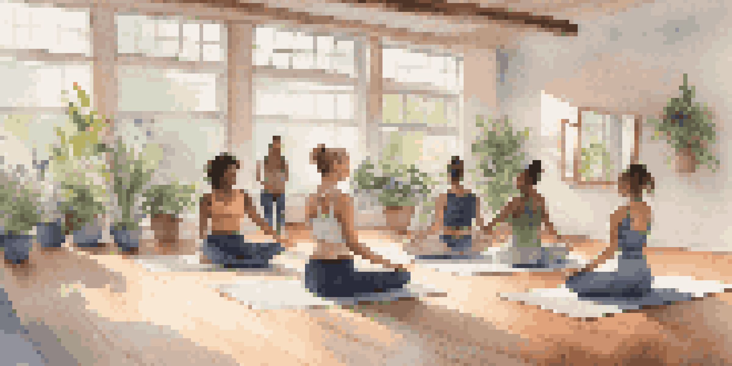 A group of diverse dancers practicing mindfulness in a bright dance studio, seated in a circle on yoga mats.