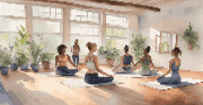 A group of diverse dancers practicing mindfulness in a bright dance studio, seated in a circle on yoga mats.
