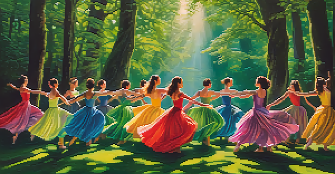 A group of dancers performing in a forest, showcasing costumes inspired by nature, with sunlight shining through the trees.