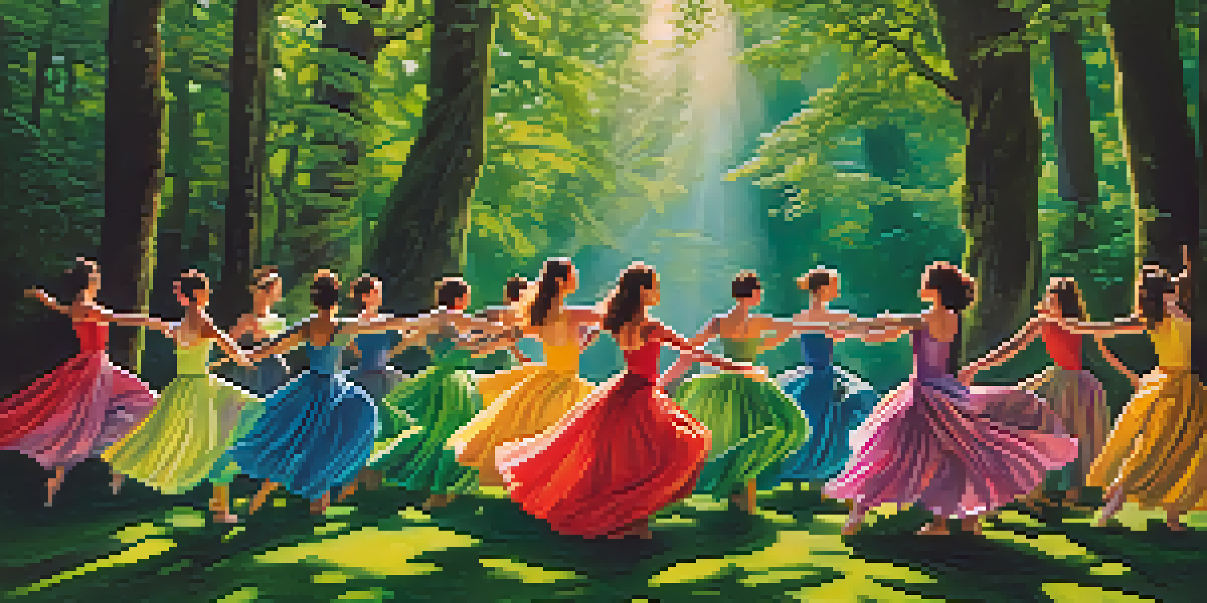 A group of dancers performing in a forest, showcasing costumes inspired by nature, with sunlight shining through the trees.