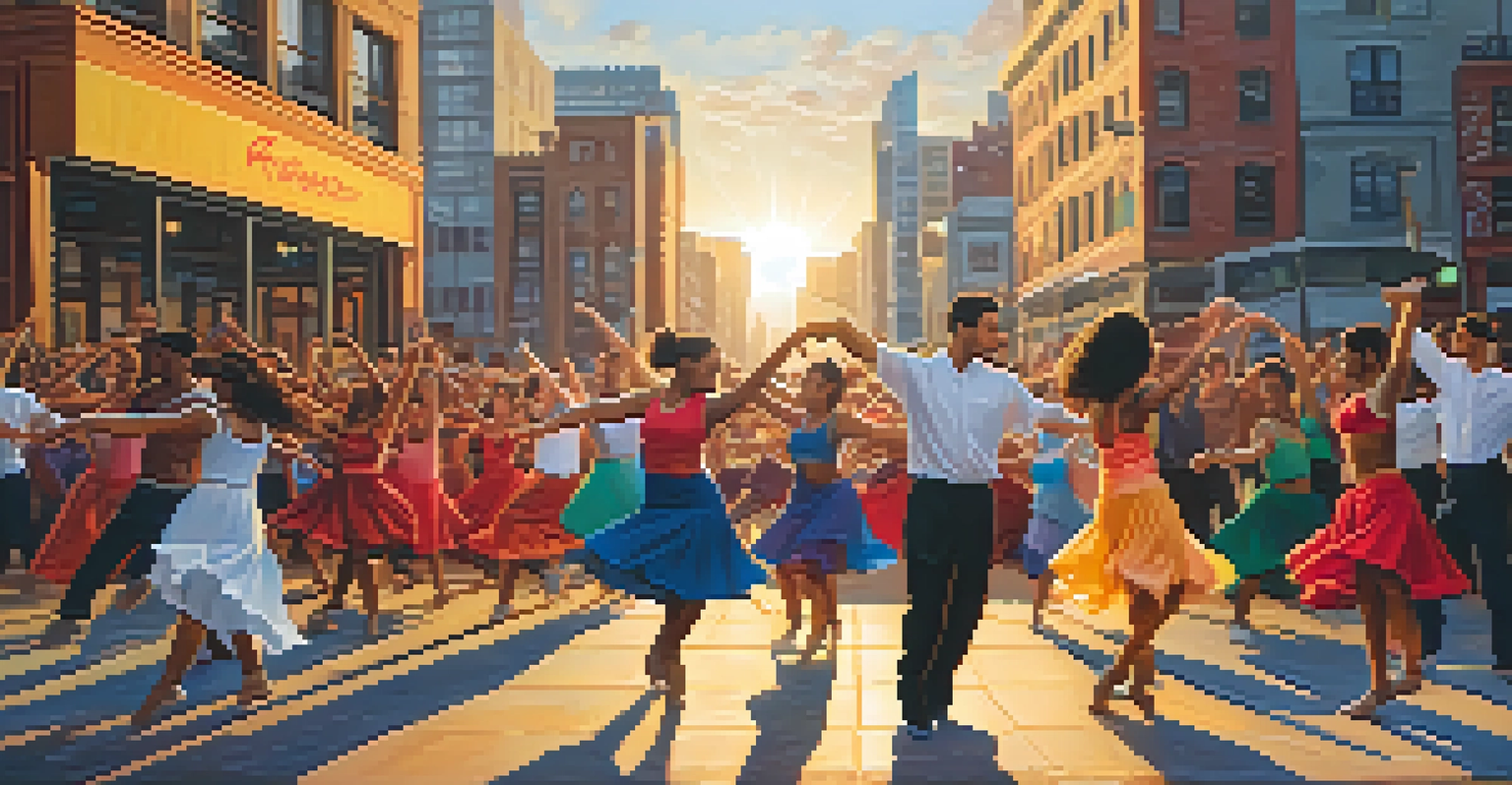 Dancers of various backgrounds performing in an urban setting during sunset, with a cityscape and colorful street art in the background.