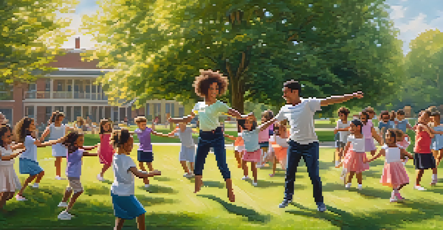 Children participating in an outdoor dance workshop, learning from an instructor in a sunny park setting.