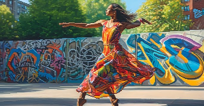 A dancer in a colorful outfit performs improvisational dance in an urban park, surrounded by street art and greenery, with sunlight casting dynamic shadows.