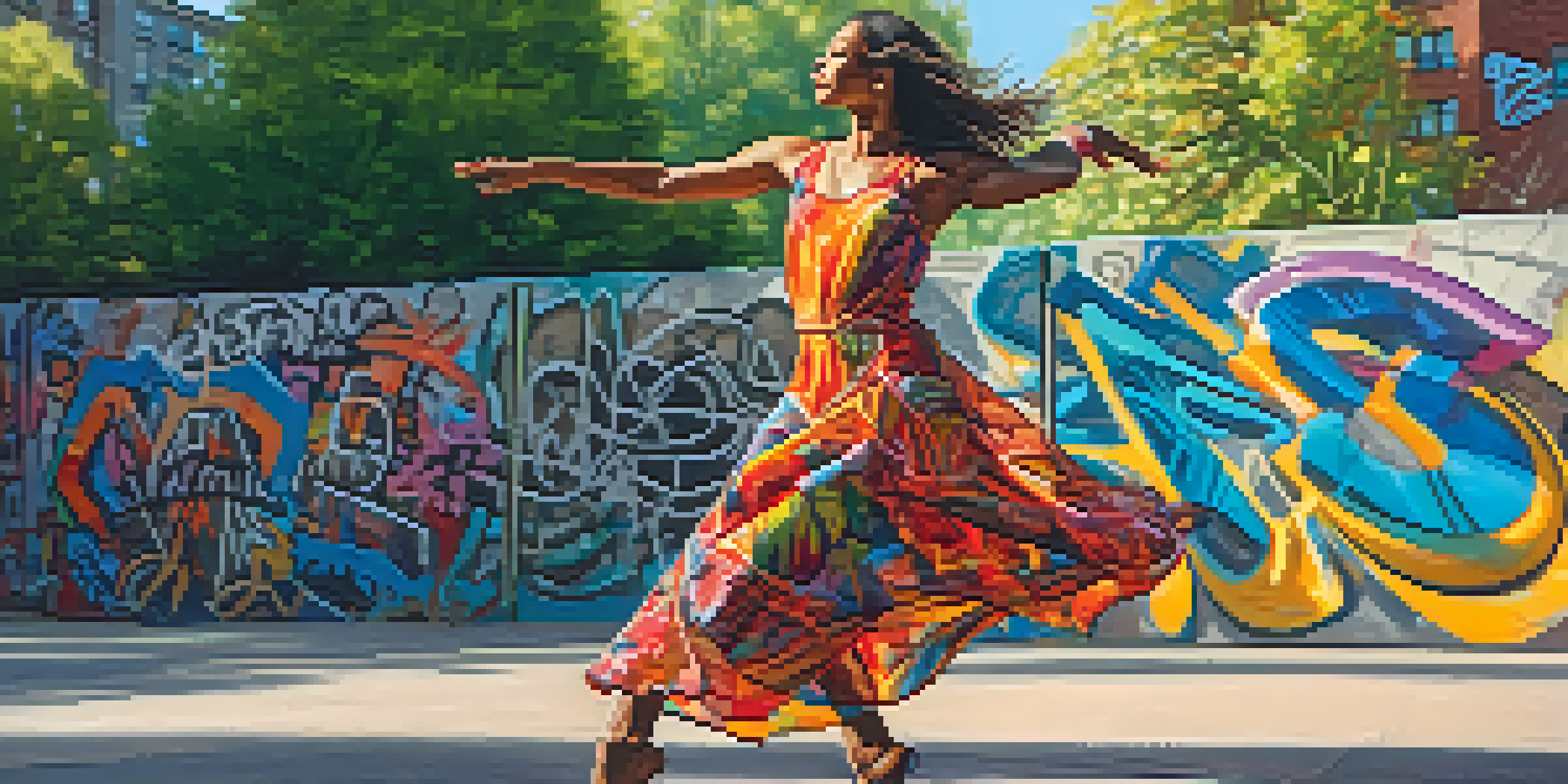 A dancer in a colorful outfit performs improvisational dance in an urban park, surrounded by street art and greenery, with sunlight casting dynamic shadows.