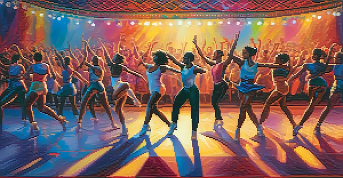 A lively dance competition with dancers showcasing different styles on a colorful stage, illuminated by dynamic lighting and an engaged audience in the background.