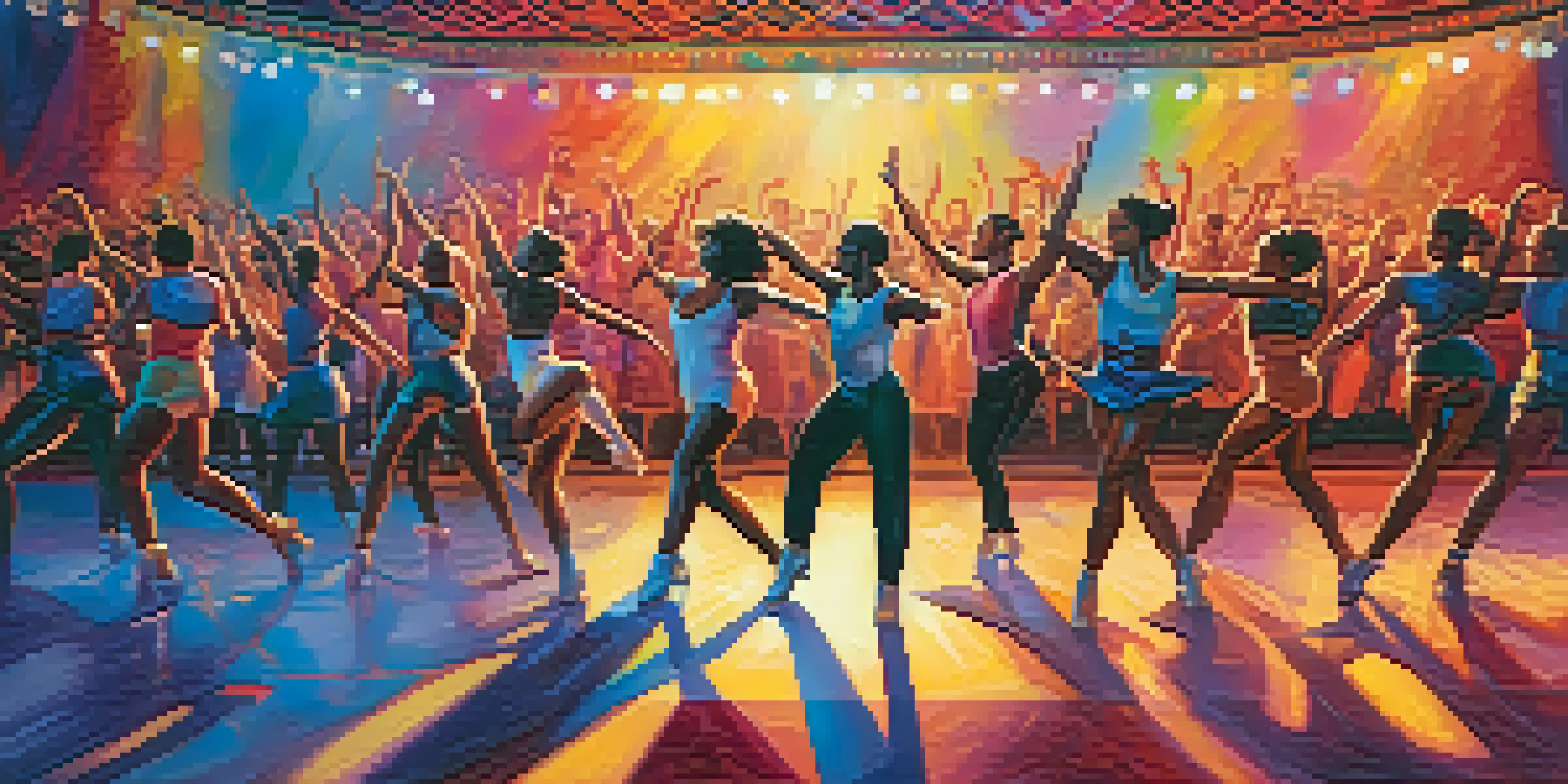 A lively dance competition with dancers showcasing different styles on a colorful stage, illuminated by dynamic lighting and an engaged audience in the background.