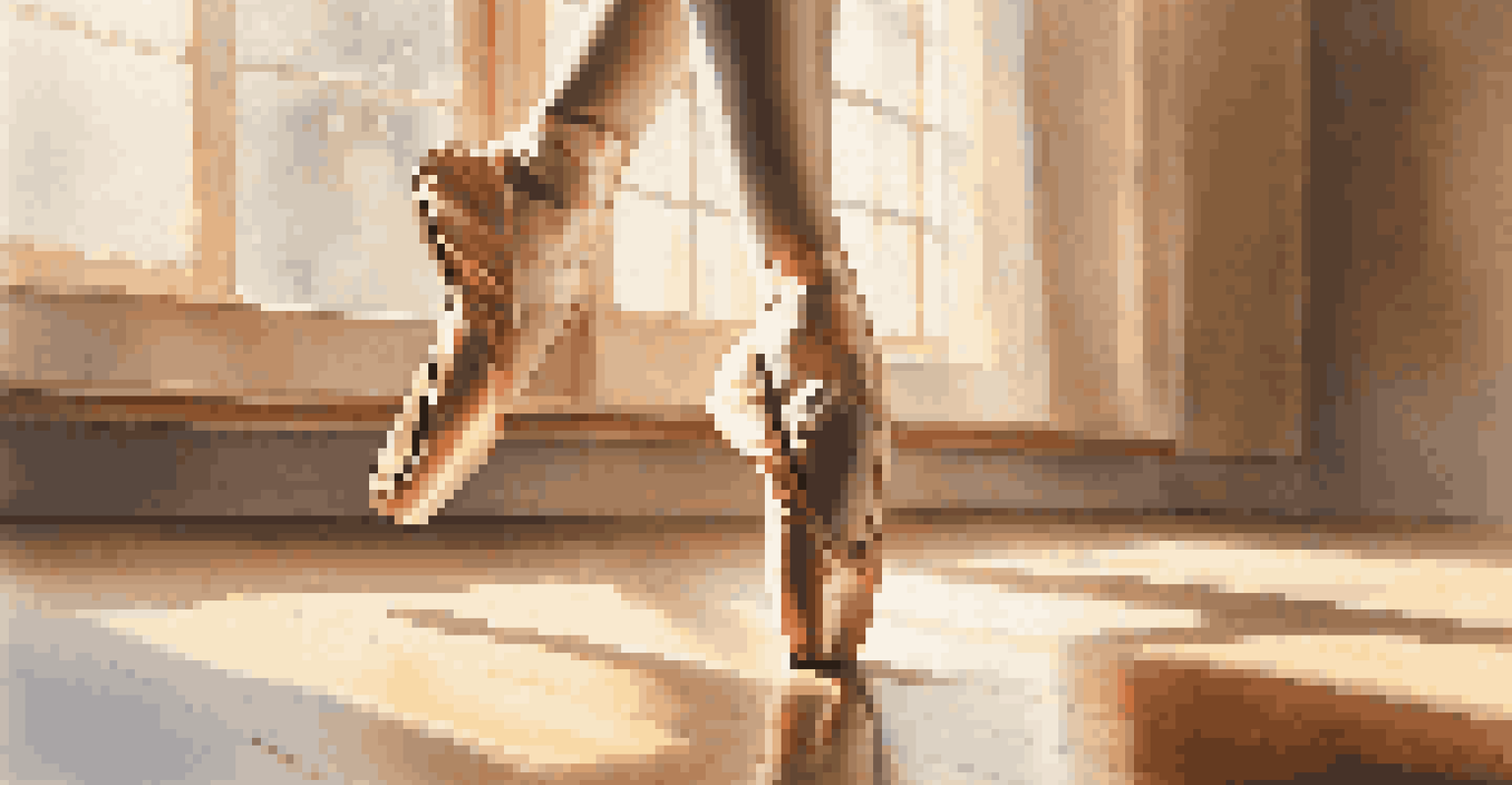 A close-up of a dancer's feet in ballet shoes executing a graceful move on a wooden floor in a dance studio.