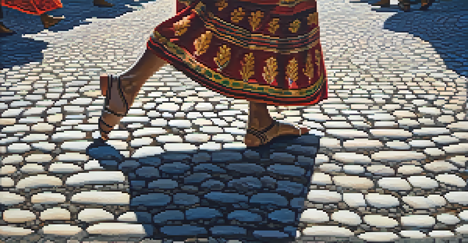 Close-up of a dancer's feet in traditional attire performing a folk dance on cobblestone, with intricate costume patterns and dappled sunlight.