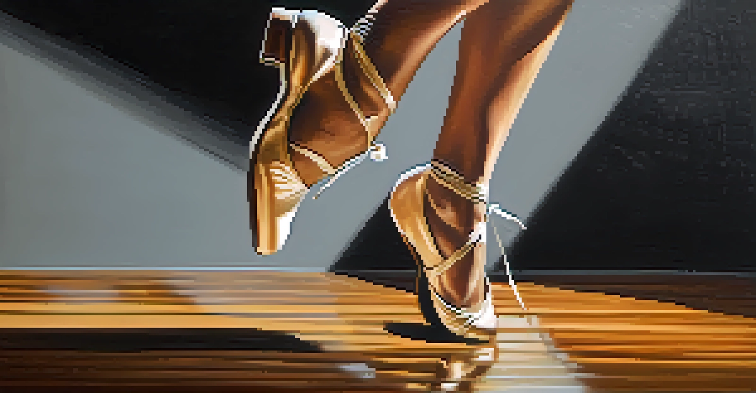 Close-up of a dancer's feet executing a jazz square step on a wooden floor, highlighting the movement and jazz shoes.