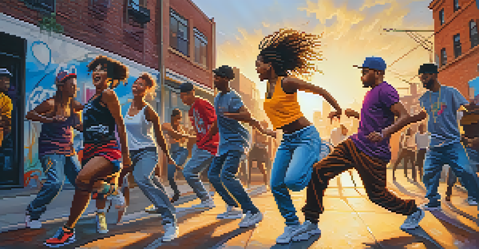 A group of dancers performing hip-hop moves in an urban environment with graffiti.