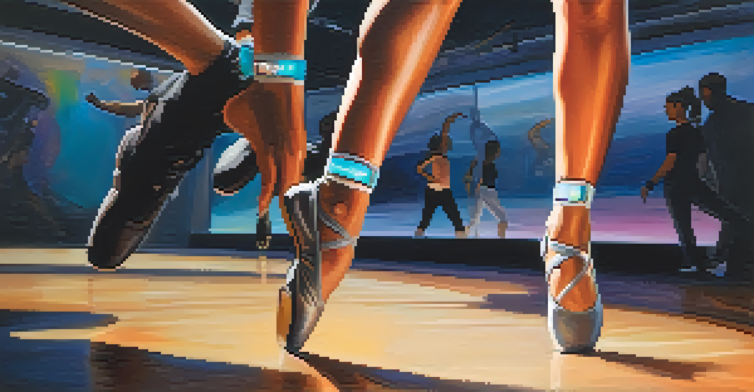 A close-up of a dancer's wrist with a fitness tracker in a lively rehearsal space, highlighting the integration of technology in dance.