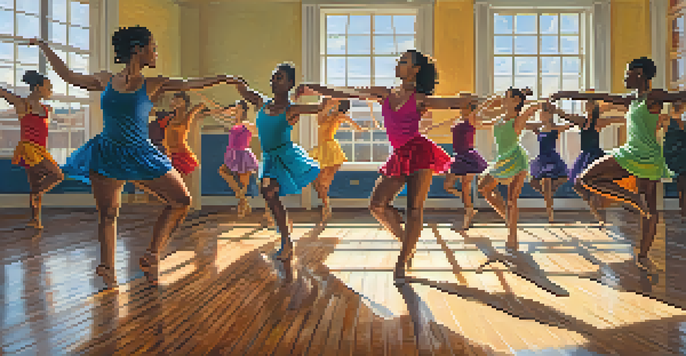 A diverse group of dancers in a bright studio expressing joy through movement, showcasing different body types and dance styles.