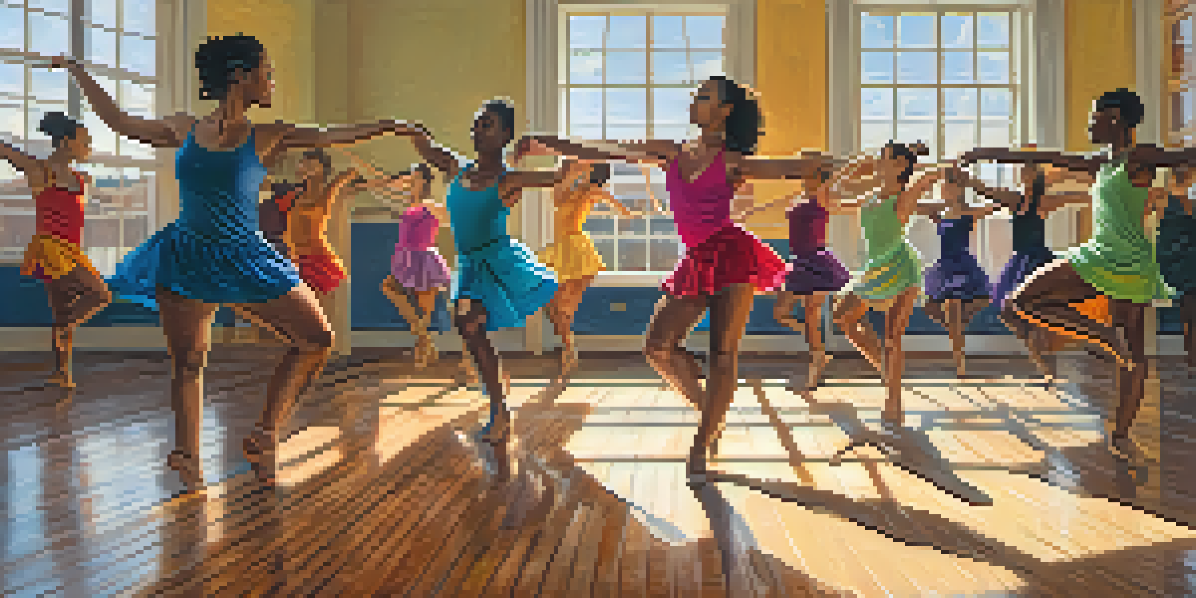 A diverse group of dancers in a bright studio expressing joy through movement, showcasing different body types and dance styles.