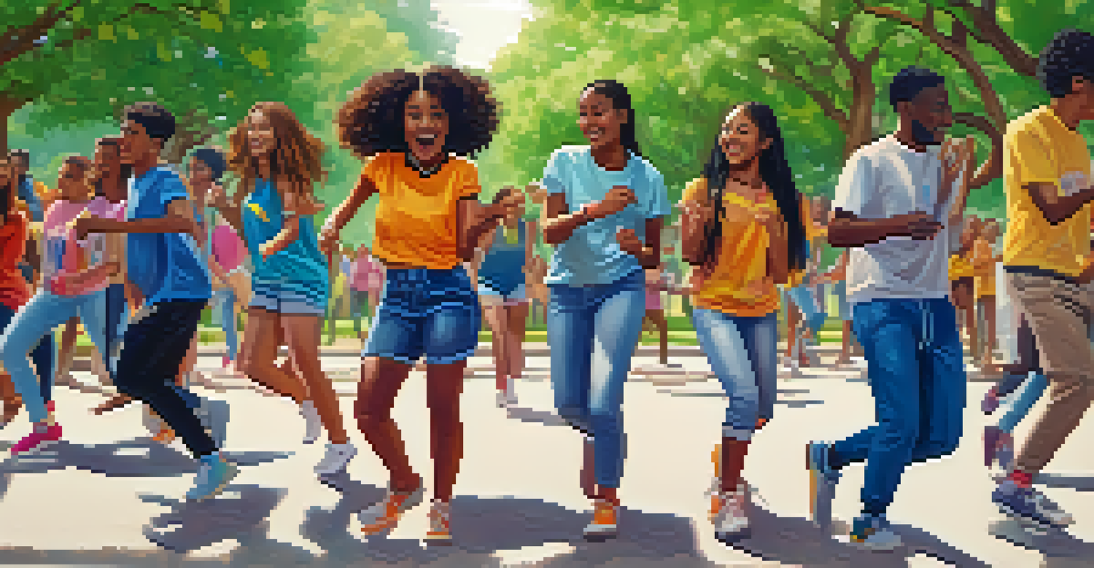 A group of young dancers in a park filming a dance challenge, surrounded by nature and showcasing various styles.