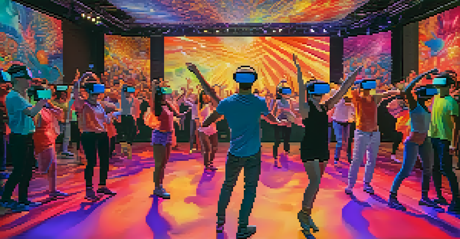 An audience wearing VR headsets immersed in a vibrant digital dance performance, surrounded by colorful graphics and movements.
