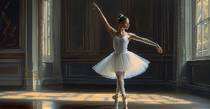 A ballet dancer in a white tutu standing on a stage with soft lighting, showcasing her graceful pose.