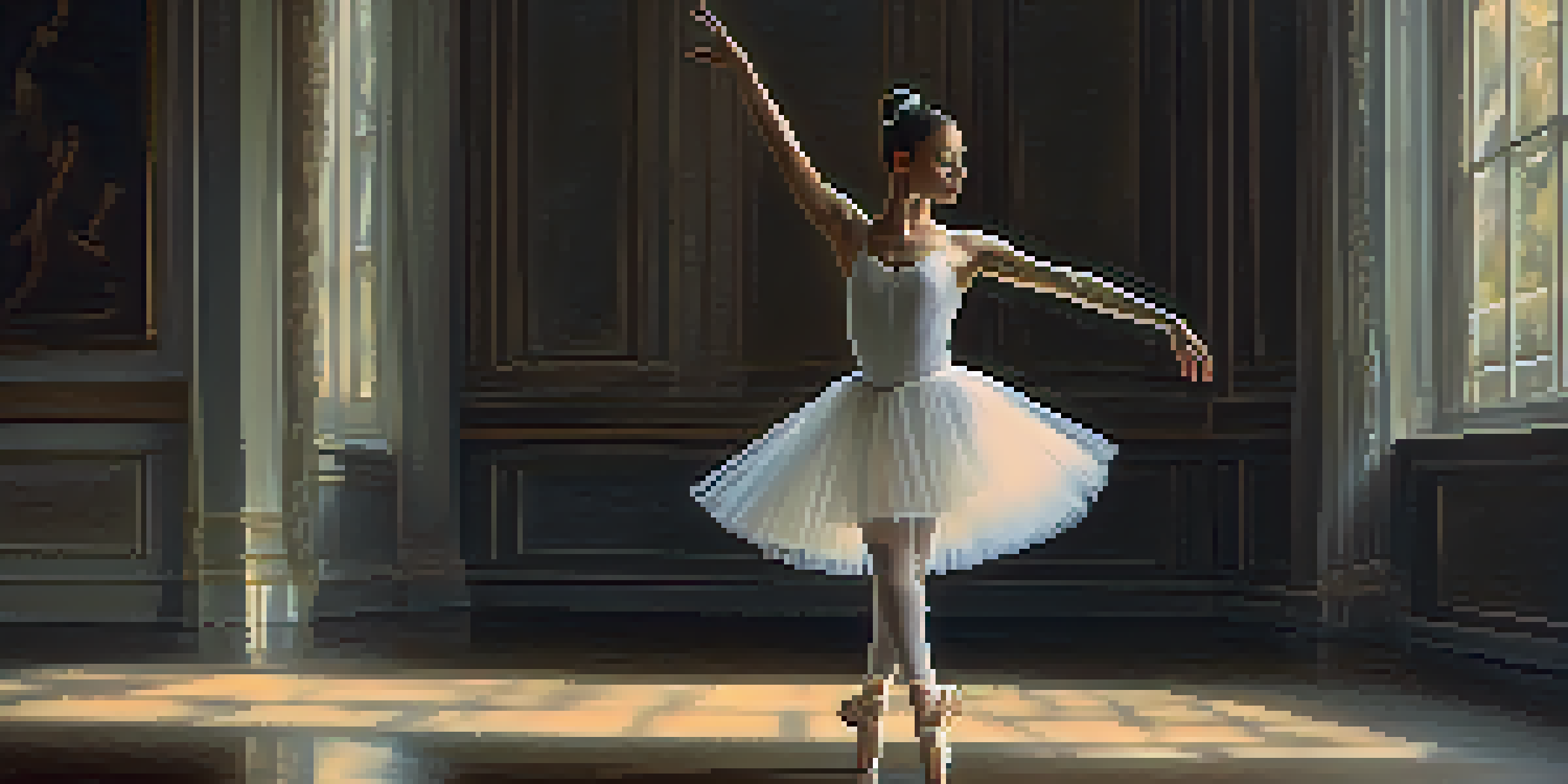 A ballet dancer in a white tutu standing on a stage with soft lighting, showcasing her graceful pose.