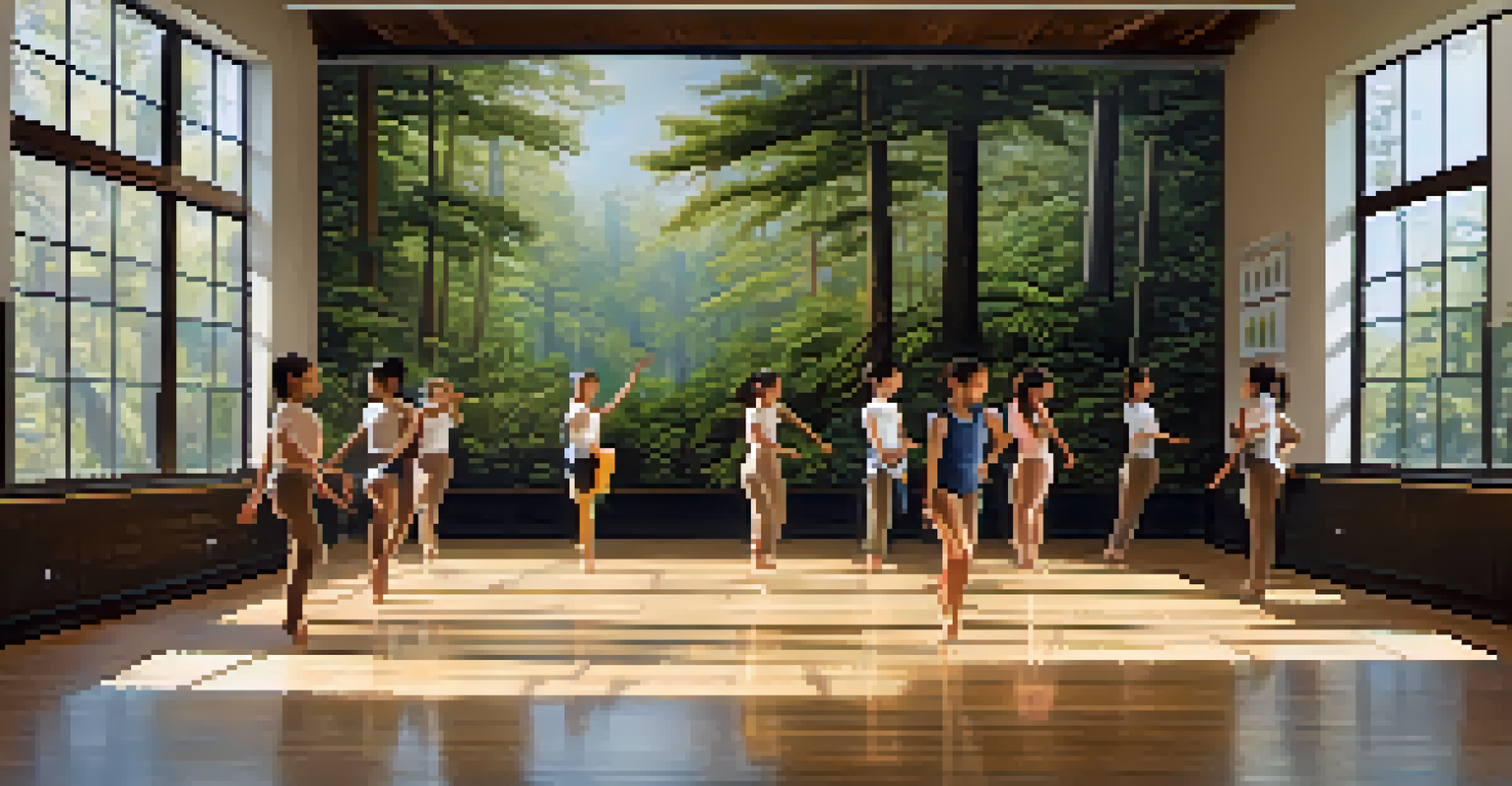 Young dancers rehearsing in a bright studio, with nature-themed decorations and earthy costumes.