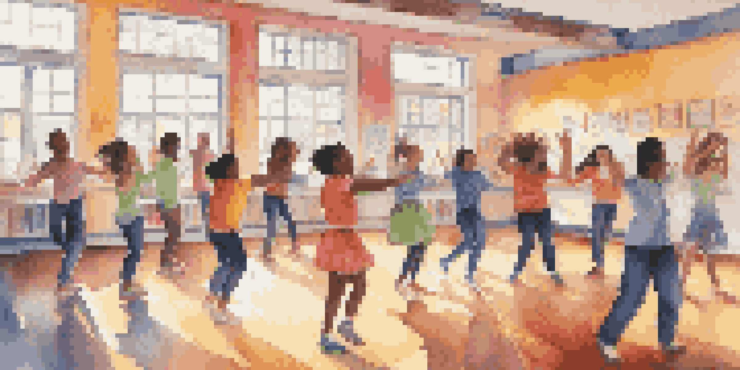 A lively classroom with students of different backgrounds participating in a group dance, surrounded by colorful decor and sunlight coming through the windows.