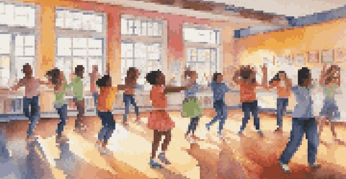 A lively classroom with students of different backgrounds participating in a group dance, surrounded by colorful decor and sunlight coming through the windows.