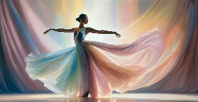 A contemporary dancer in an iridescent gown performing on stage with a pastel backdrop, showcasing fluid movements and elegance.