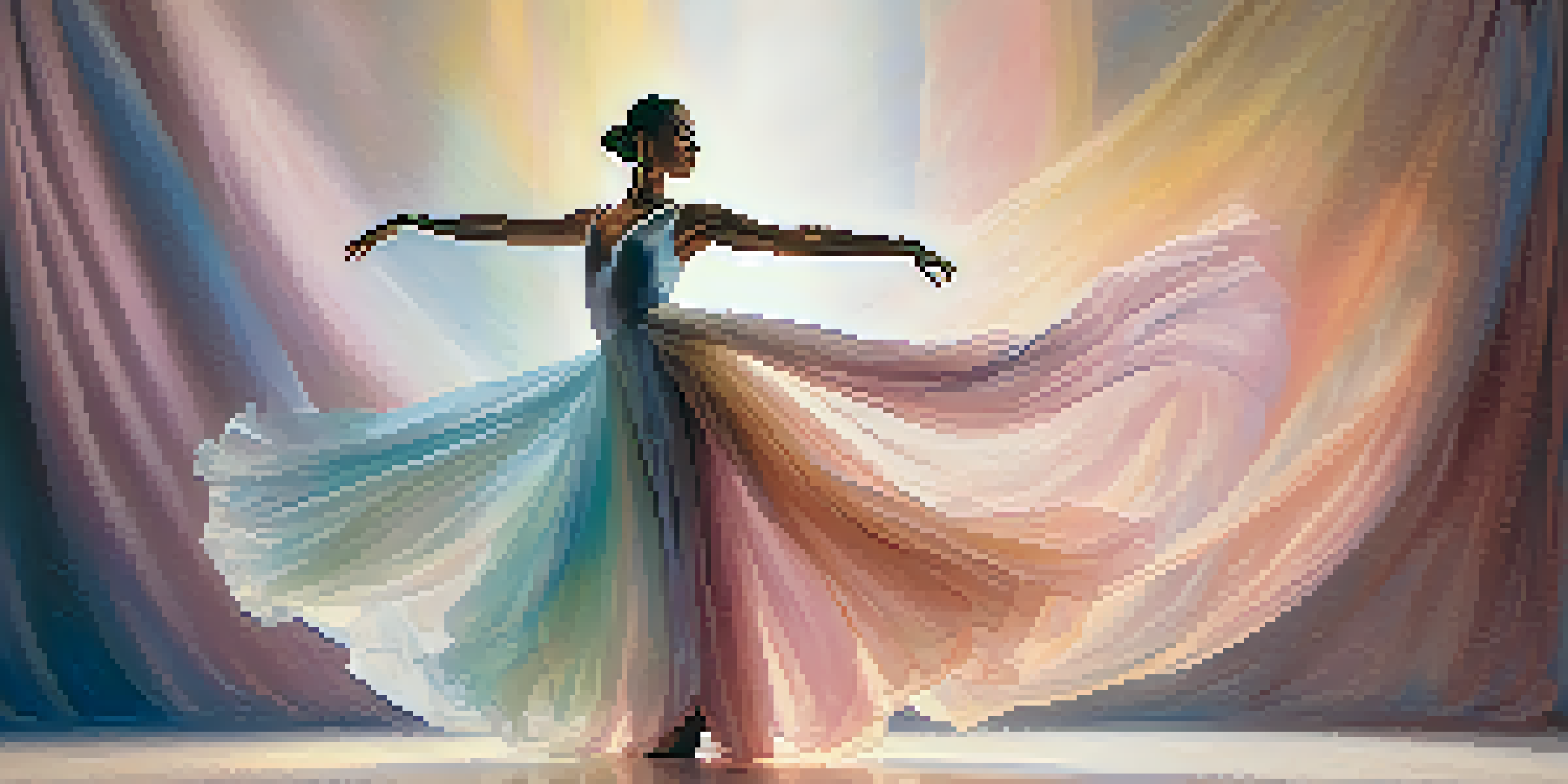 A contemporary dancer in an iridescent gown performing on stage with a pastel backdrop, showcasing fluid movements and elegance.