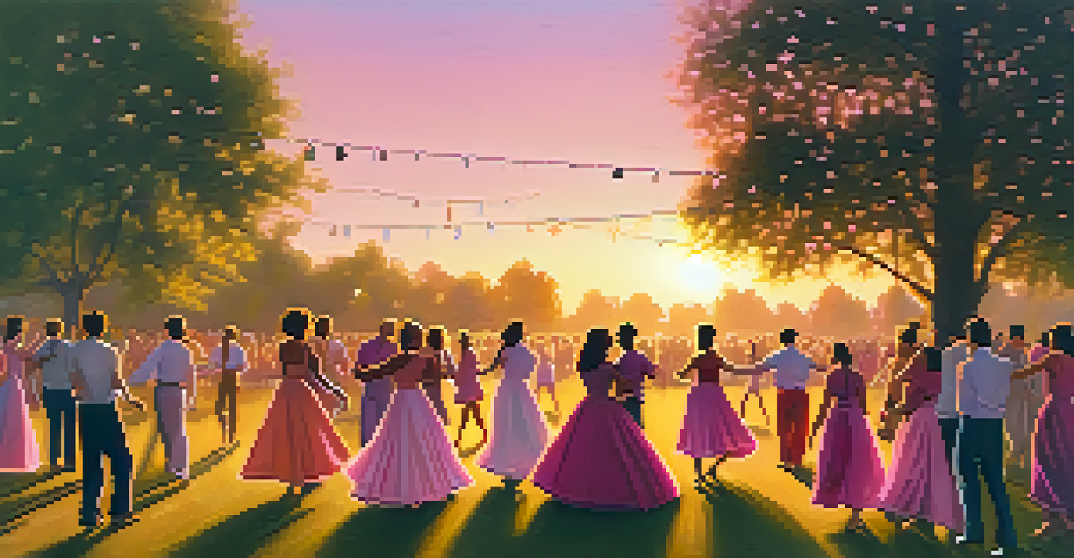 A group of people dancing in a park at sunset, with vibrant colors in the sky and a sense of joy and community.