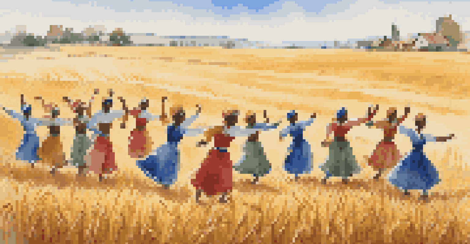 Dancers performing an agricultural folk dance in a sunlit field during harvest season, dressed in traditional attire against a backdrop of golden wheat fields and a clear blue sky.