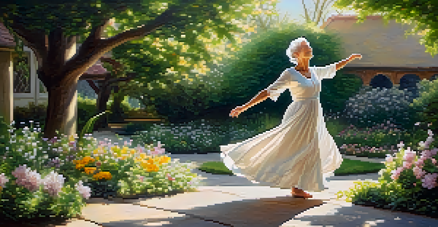 An elderly woman practicing gentle dance movements in a blooming garden, surrounded by vibrant flowers and sunlight.