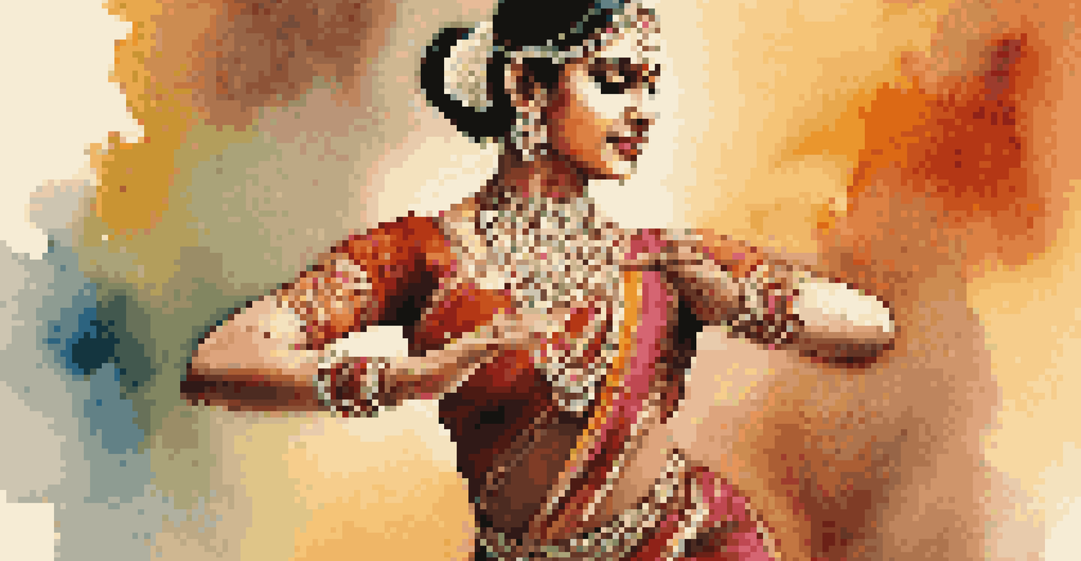 A dancer performing Bharatanatyam in a traditional costume, with intricate jewelry and expressive gestures, set against colorful drapes.