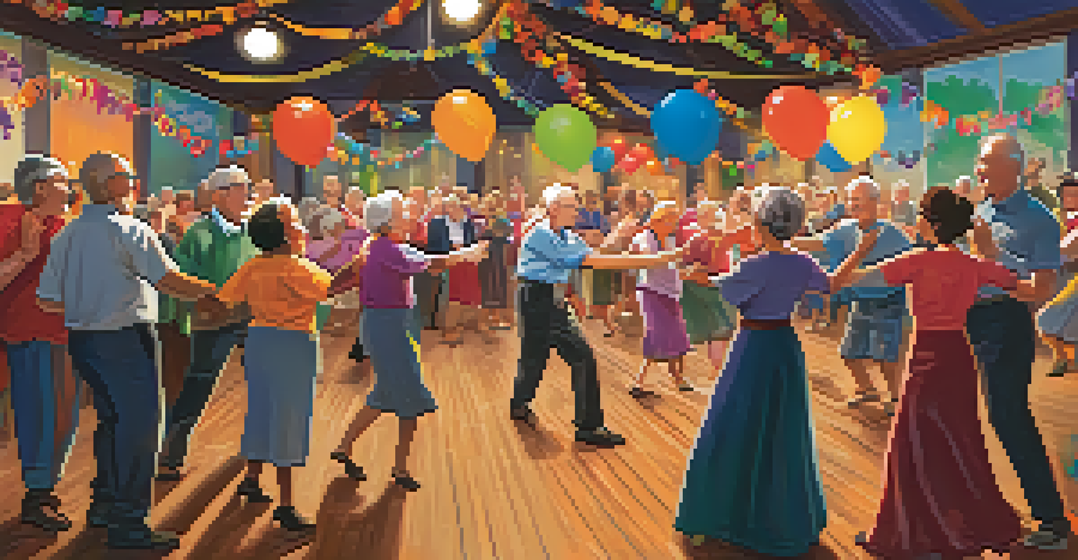 A community dance night with older adults cheering for a dancer in a warm, inviting atmosphere.