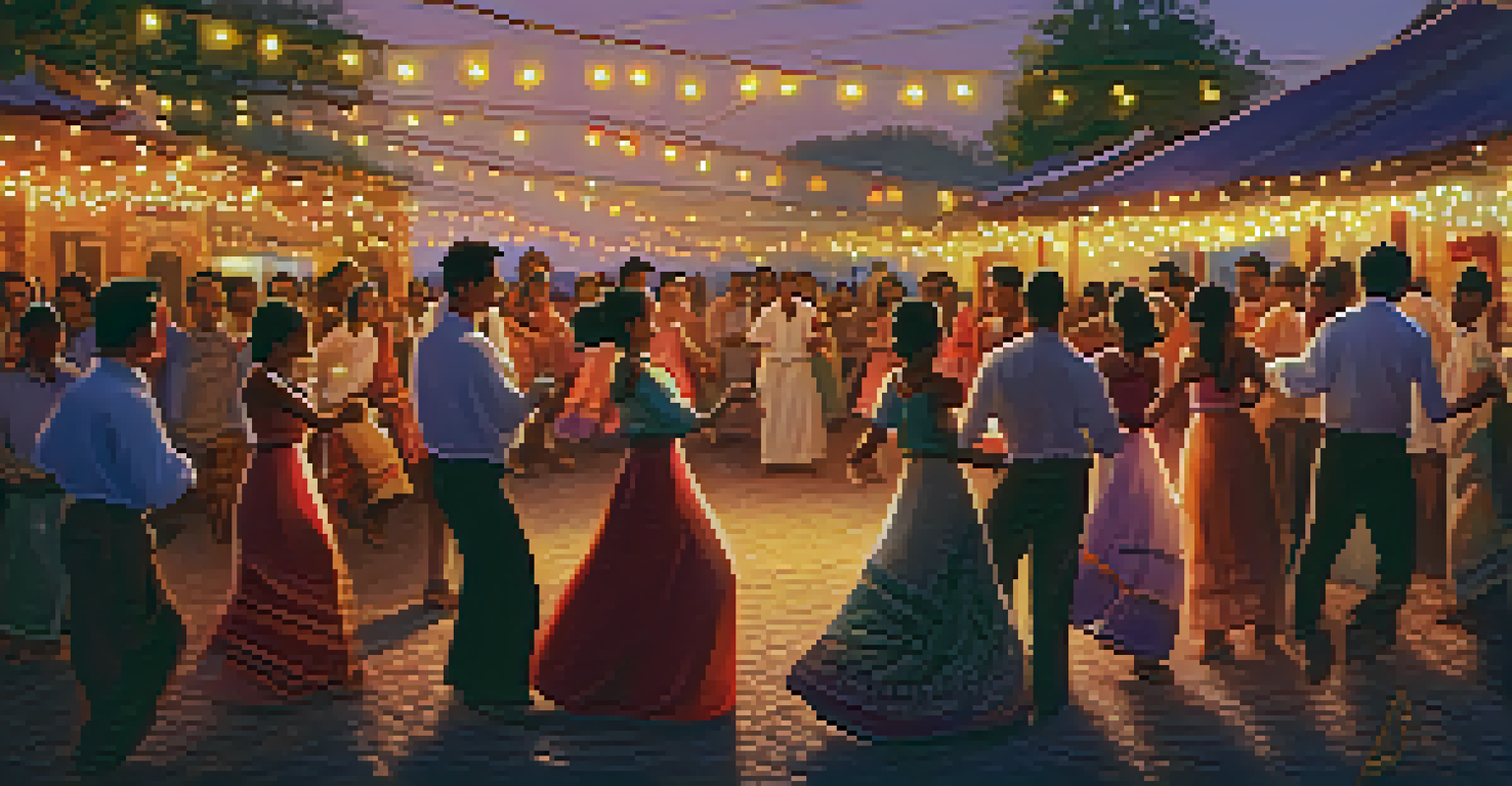 Tourists and locals dancing together at an outdoor cultural festival under string lights at dusk.