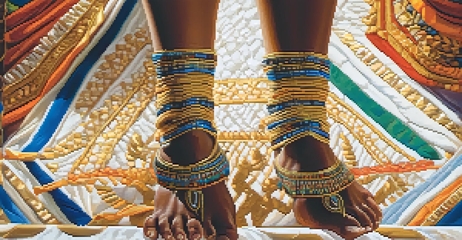 Close-up of dancers' hands and feet performing symbolic movements in Ancient Egyptian dance.