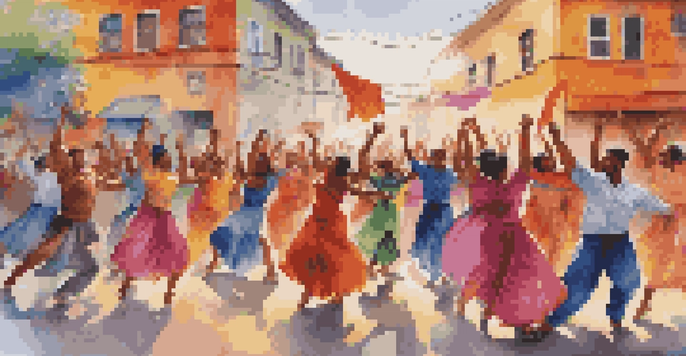 Diverse dancers performing in a street protest, surrounded by a colorful mural symbolizing hope and unity.