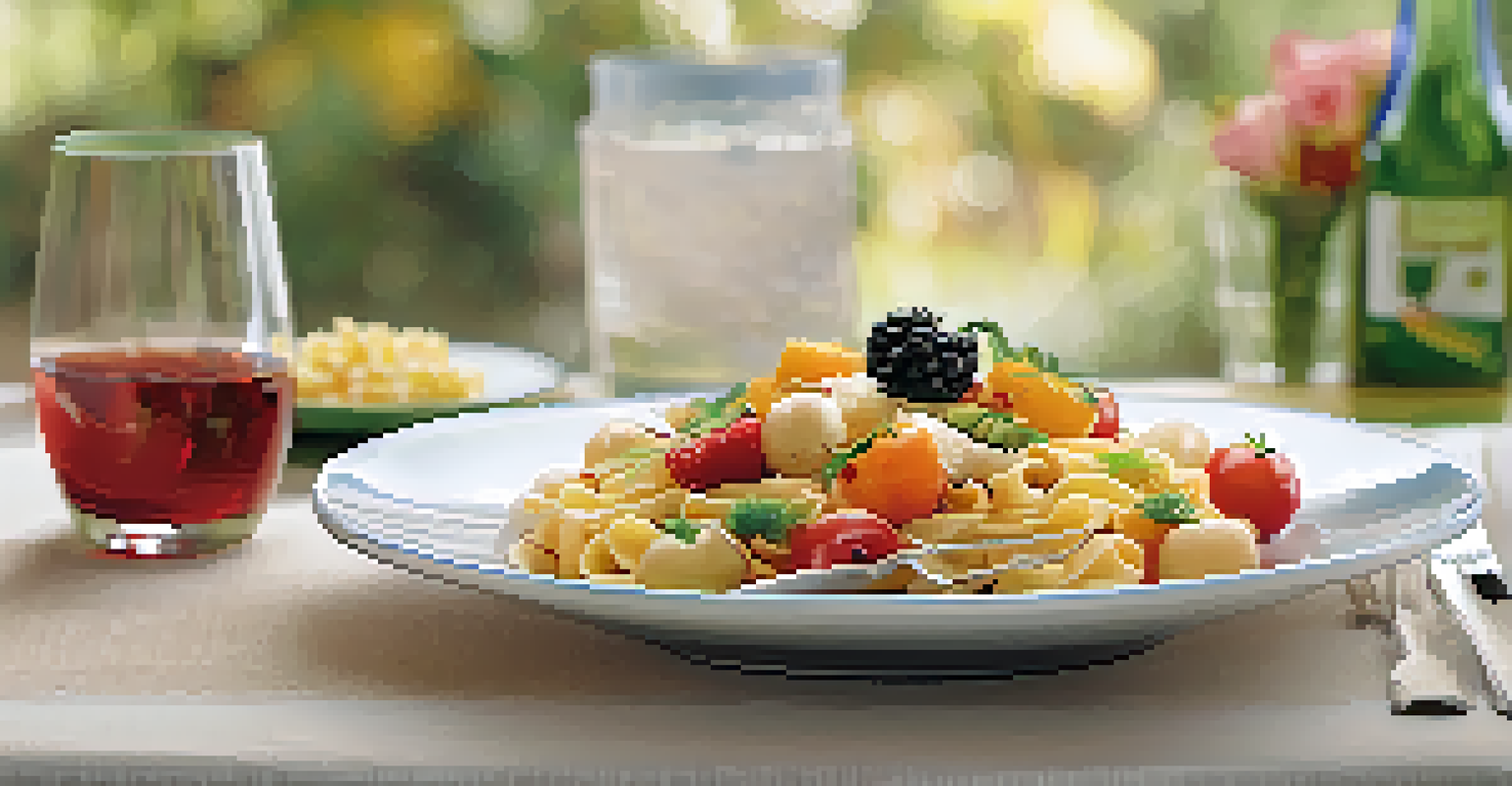 Close-up of a healthy pre-performance meal with whole-grain pasta and fresh fruit on a table.