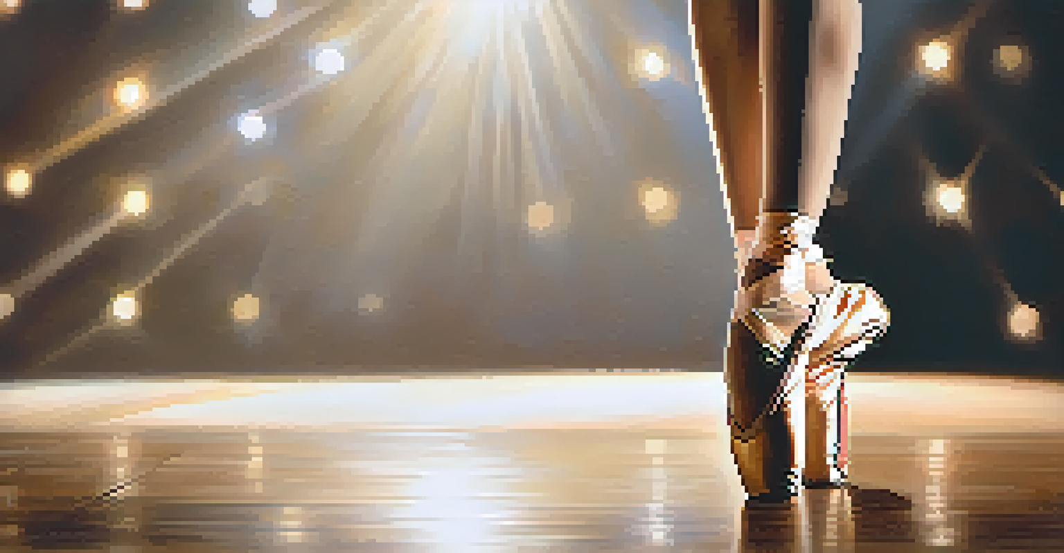 A close-up of a ballet dancer's feet in pointe shoes on a stage, with a spotlight shining on them and blurred silhouettes of dancers in the background.