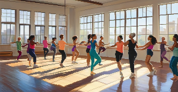 A vibrant dance class with diverse participants dancing joyfully in a bright studio.