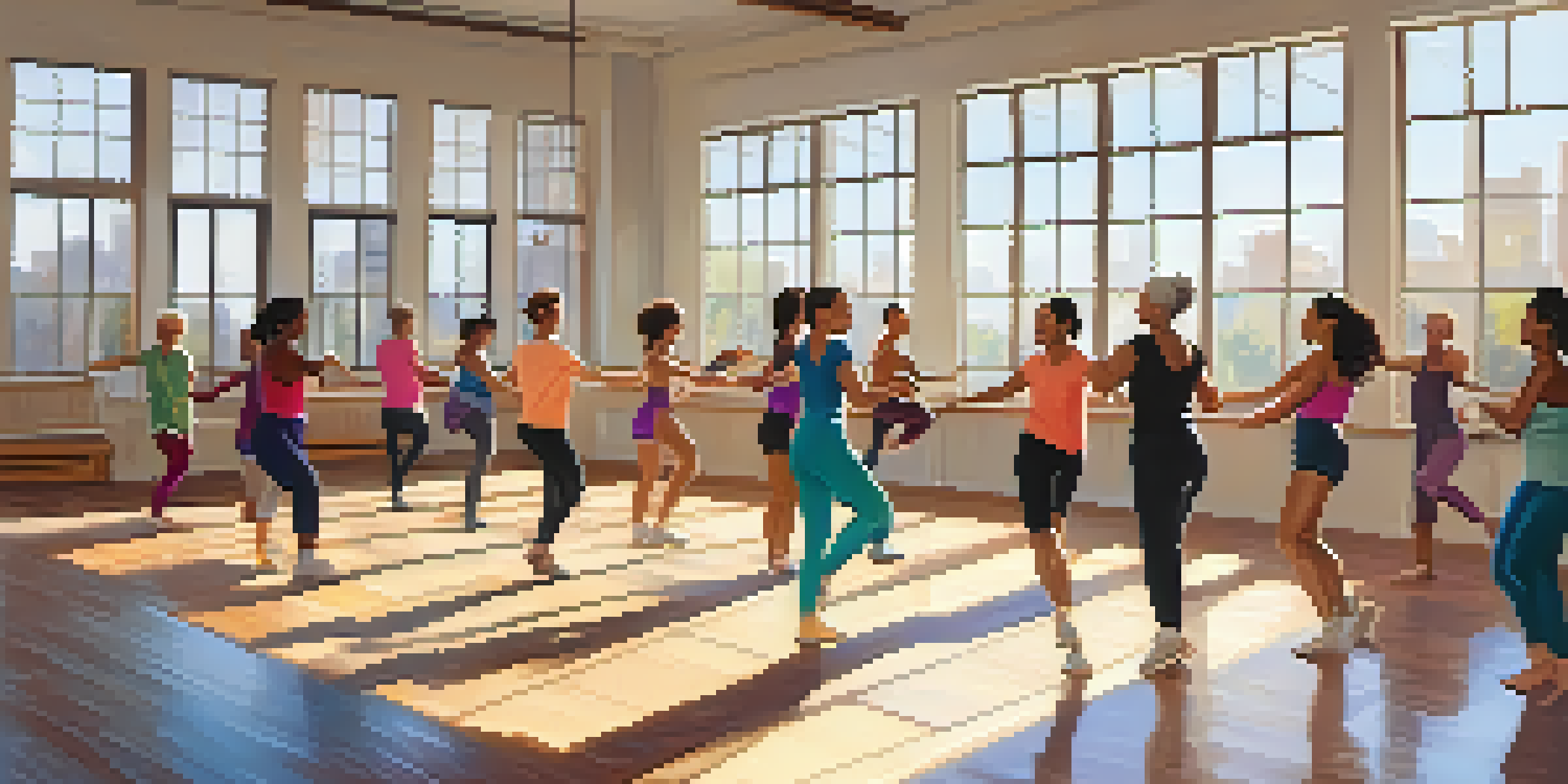 A vibrant dance class with diverse participants dancing joyfully in a bright studio.