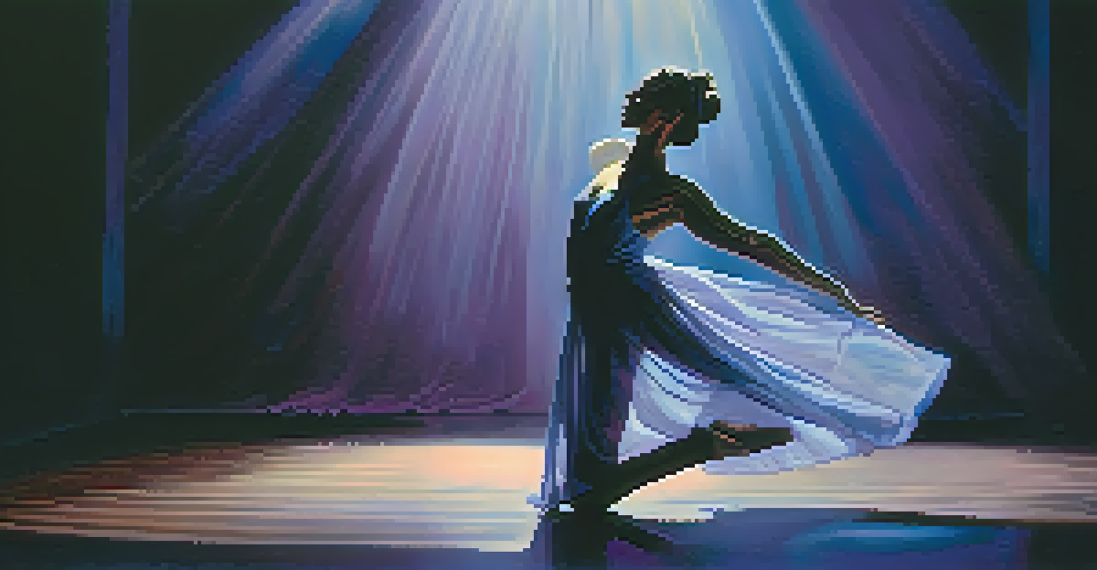 A solo contemporary dancer performing on a dimly lit stage, illuminated by soft blue and purple lights.