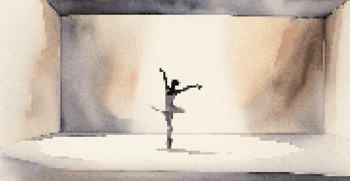 A minimalist dance set with a single dancer illuminated by soft light on an empty stage.