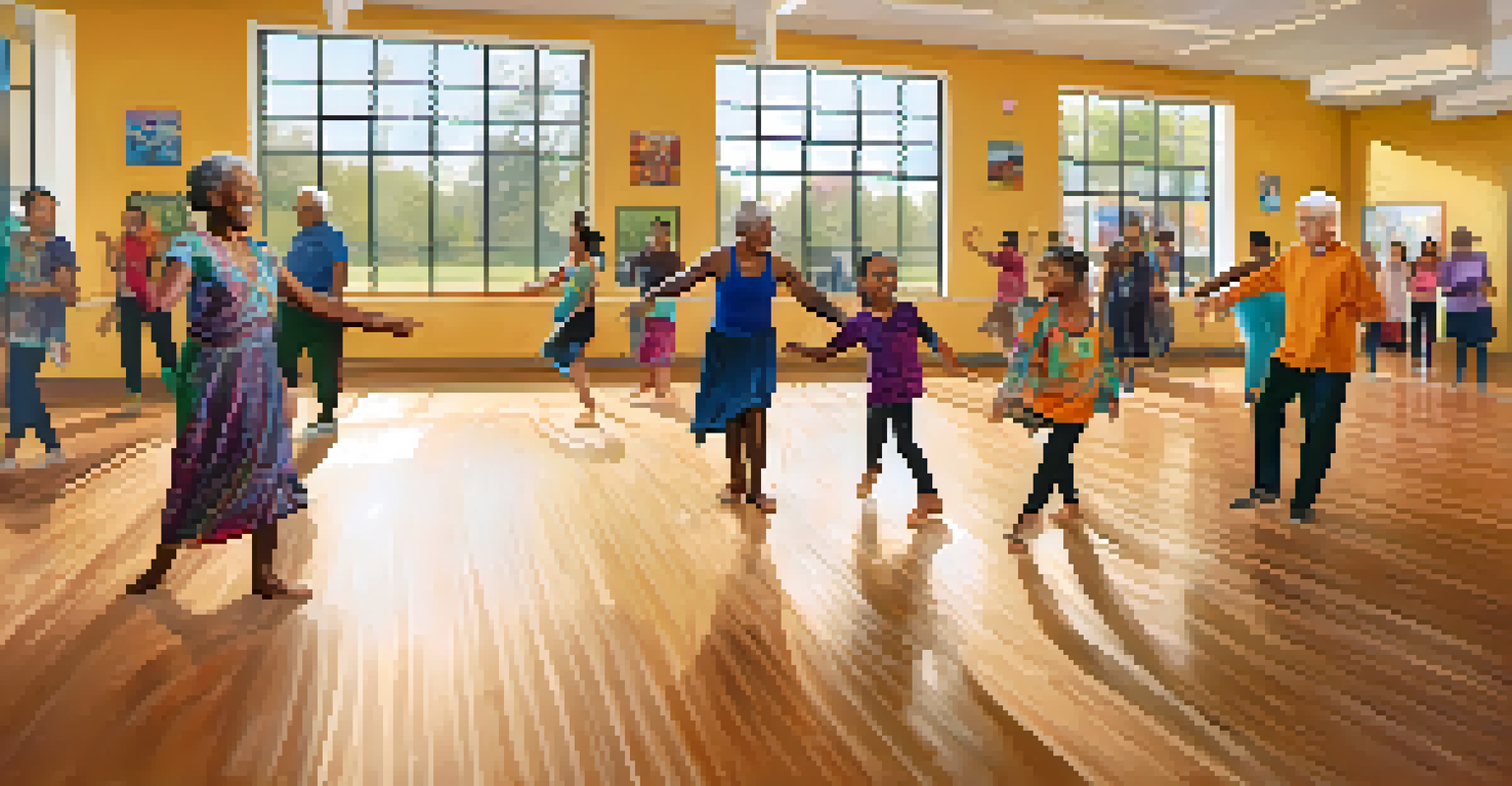 A grandparent and grandchild practicing a traditional dance together in a community center, surrounded by other dancers.