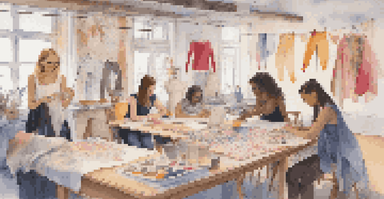 Dancers working together on a DIY costume project, surrounded by fabrics and sewing supplies.