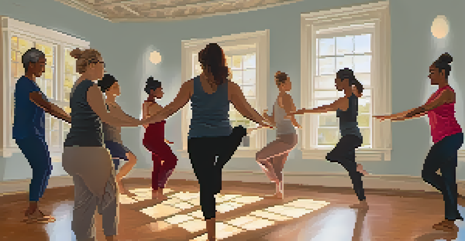 A dance therapy session in a serene room, with participants expressing emotions through movement under the guidance of a therapist.