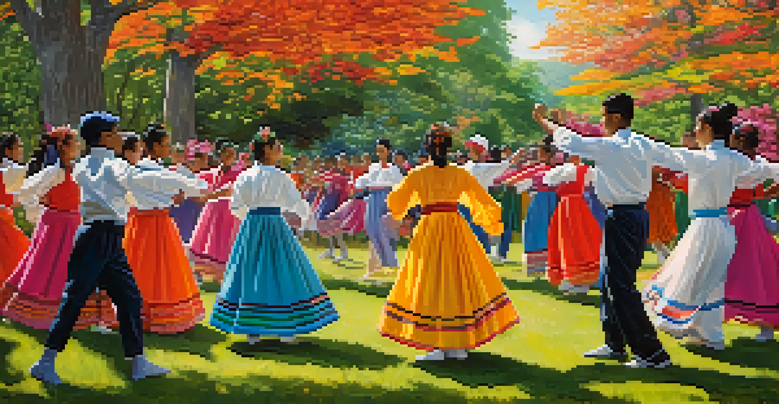 Youth participating in a traditional folk dance workshop outdoors, dressed in colorful attire, surrounded by nature, capturing joy and connection.