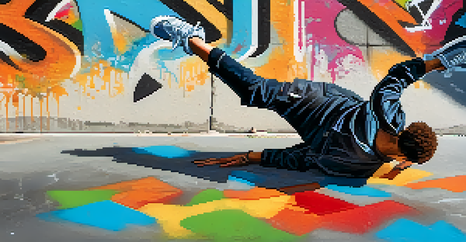 Close-up of a dancer's feet in colorful sneakers executing a breakdancing move on a graffiti-covered surface.