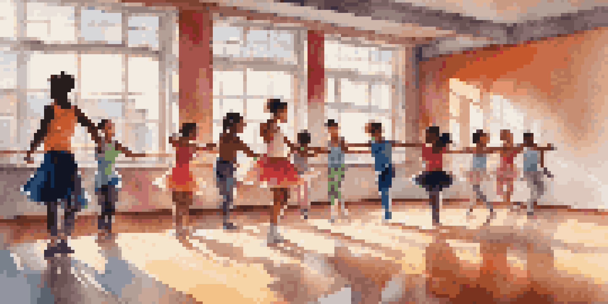 A colorful dance studio with young dancers practicing different styles, illuminated by sunlight.