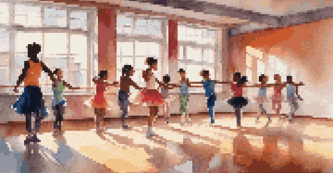 A colorful dance studio with young dancers practicing different styles, illuminated by sunlight.