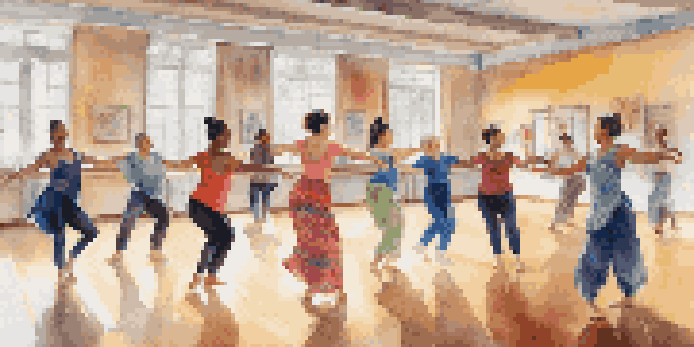 A diverse group of dancers with different abilities participating in an adaptive dance class, showcasing various cultural dance styles in a bright, decorated studio.