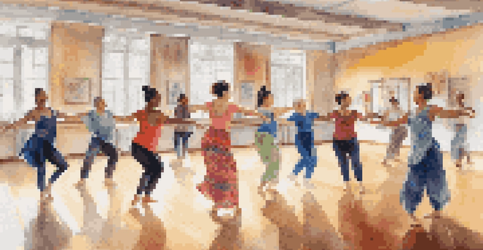A diverse group of dancers with different abilities participating in an adaptive dance class, showcasing various cultural dance styles in a bright, decorated studio.