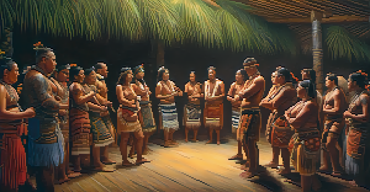 A Maori community gathering for a ritual dance, surrounded by traditional carvings and natural elements, showcasing unity through collective movements.
